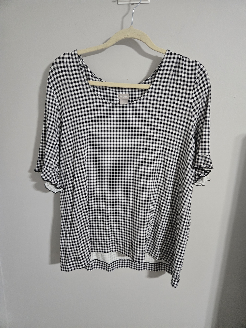 Chico's Black and White Gingham Ruffle Sleeve Top